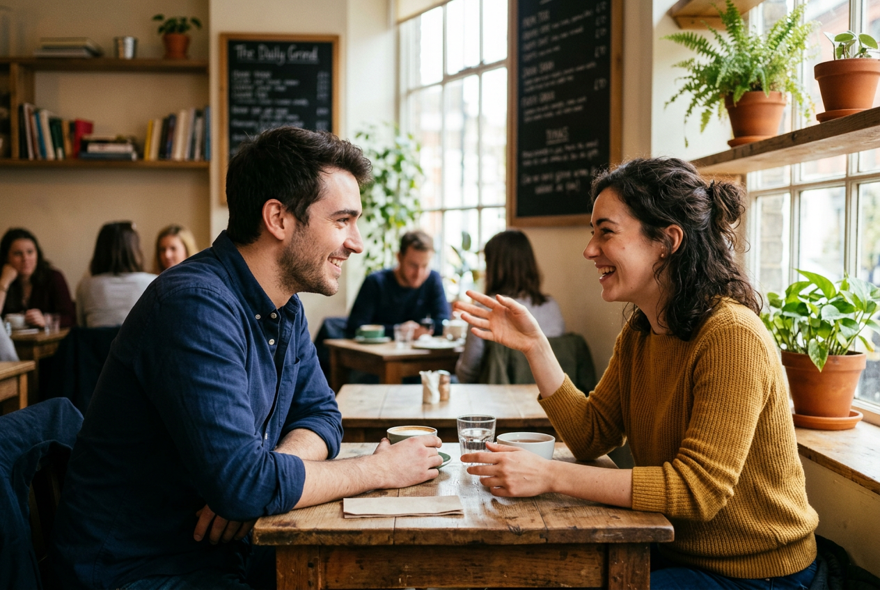 Two people on a first date at a cafe, smiling and leaning toward each other
