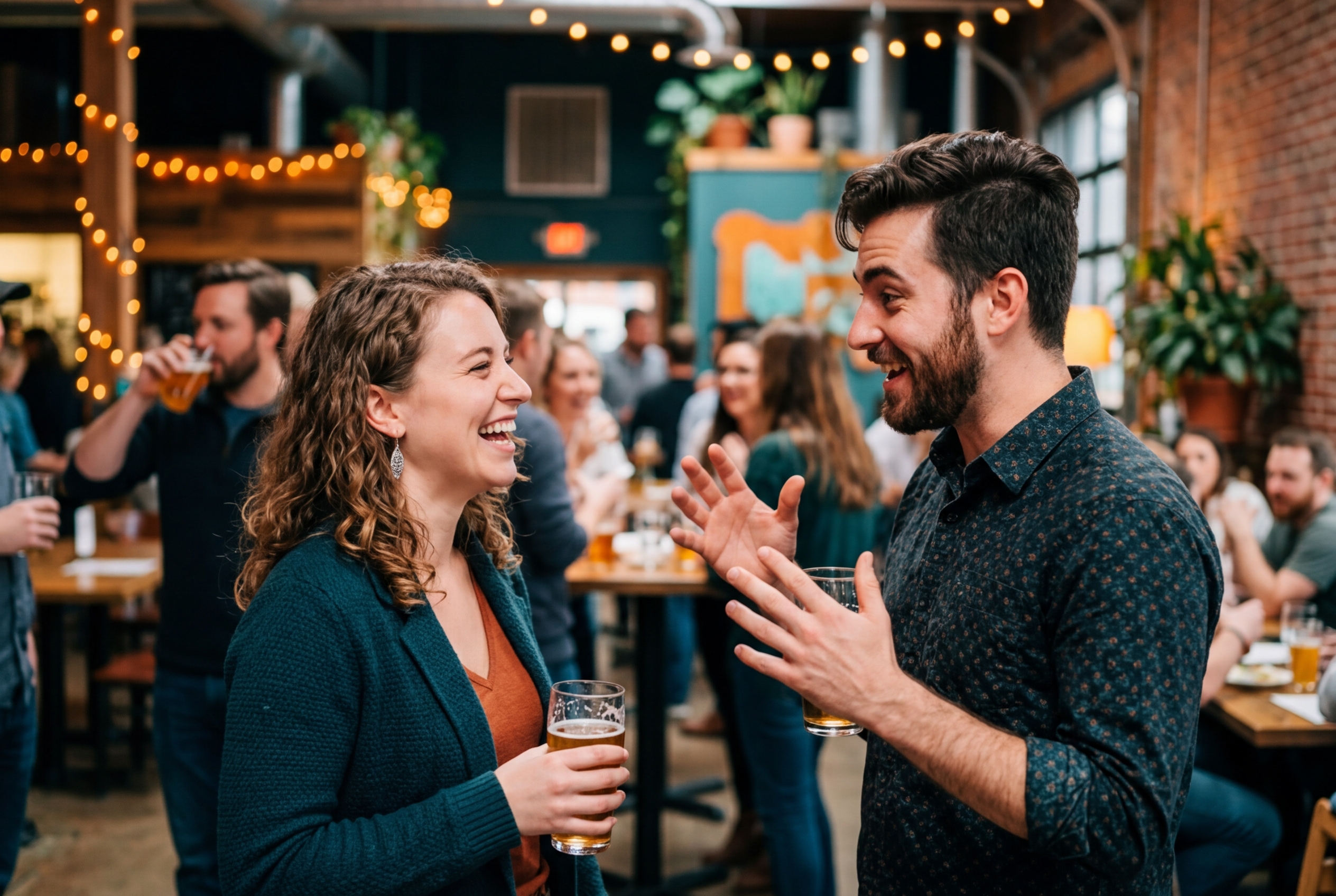 Two strangers at a party laughing during their first conversation