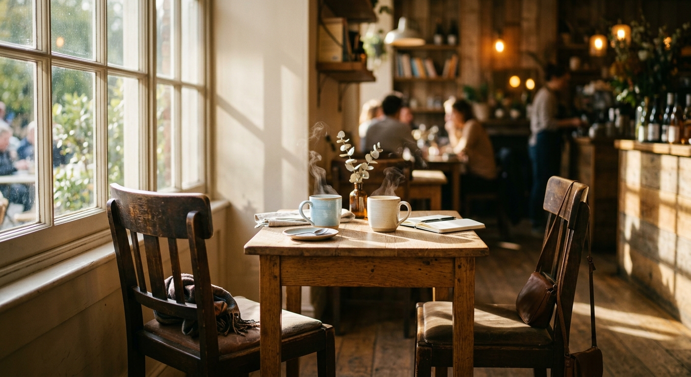 Warm coffee shop setting evoking rapport building and conversational coherence between two people