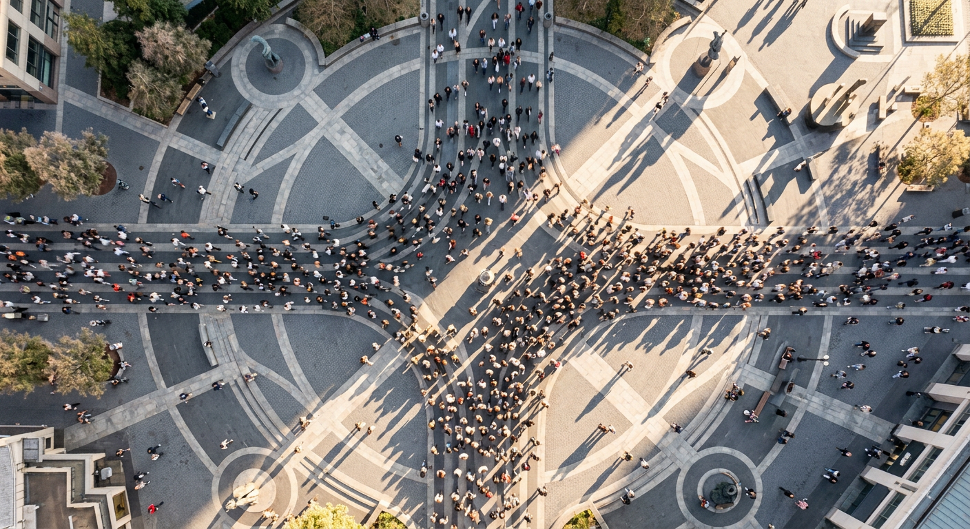 Aerial view of people in motion through a plaza, representing ESL conversation flow with Cambly and iTalki practice