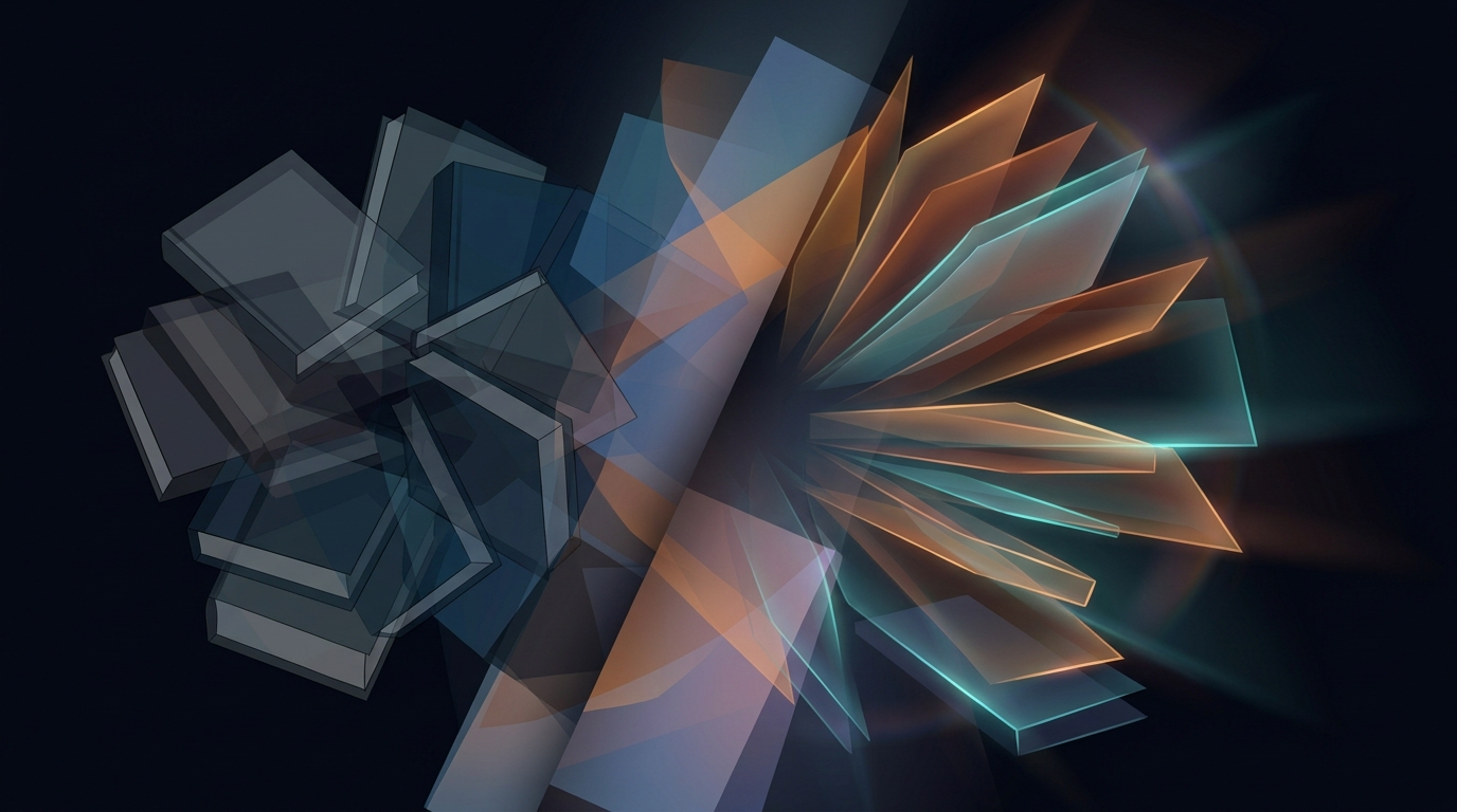Abstract art showing closed book shapes transforming into open glowing panels, evoking Susan Cain's Quiet and social confidence