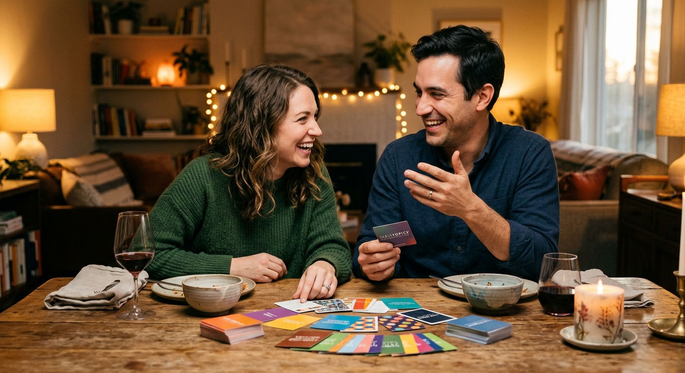Married couple laughing together while playing Gottman Card Decks conversation game at dinner