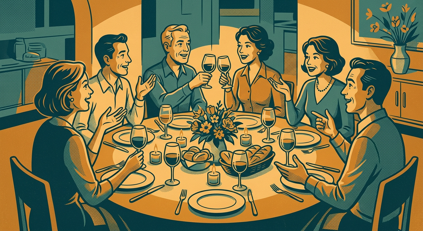 Adults engaged in lively dinner party conversation around a candlelit table