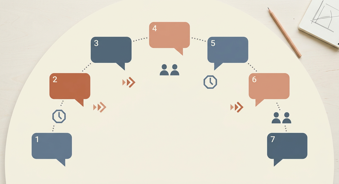 Overhead flat-lay of 7 conversation bubbles arranged in an arc illustrating networking conversation stages
