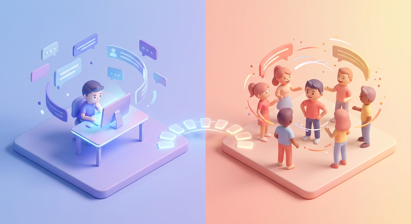 Isometric 3D split scene showing ChatGPT practice vs Toastmasters real-world conversation training