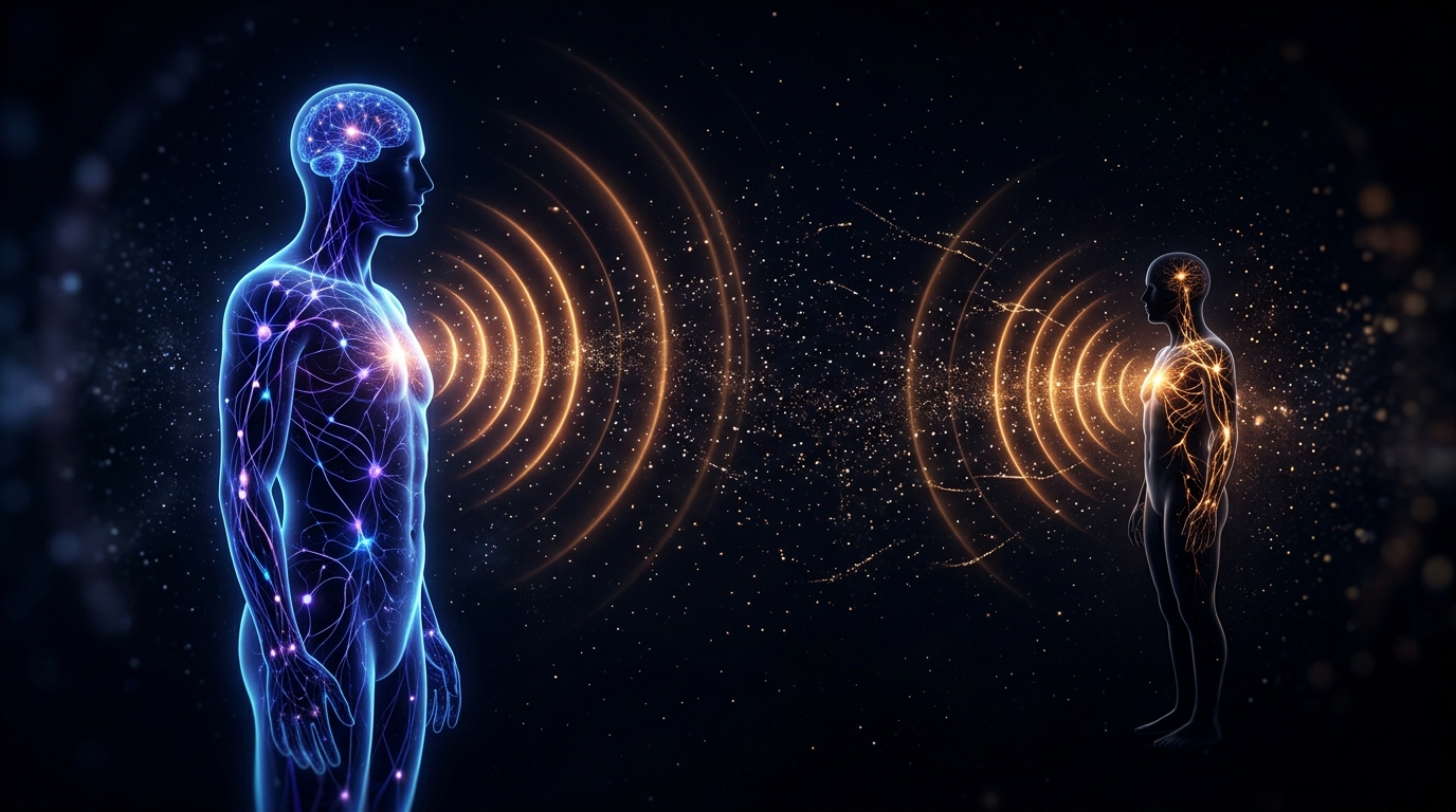 Glowing neural pathways between two figures illustrating mirror neurons and emotional contagion