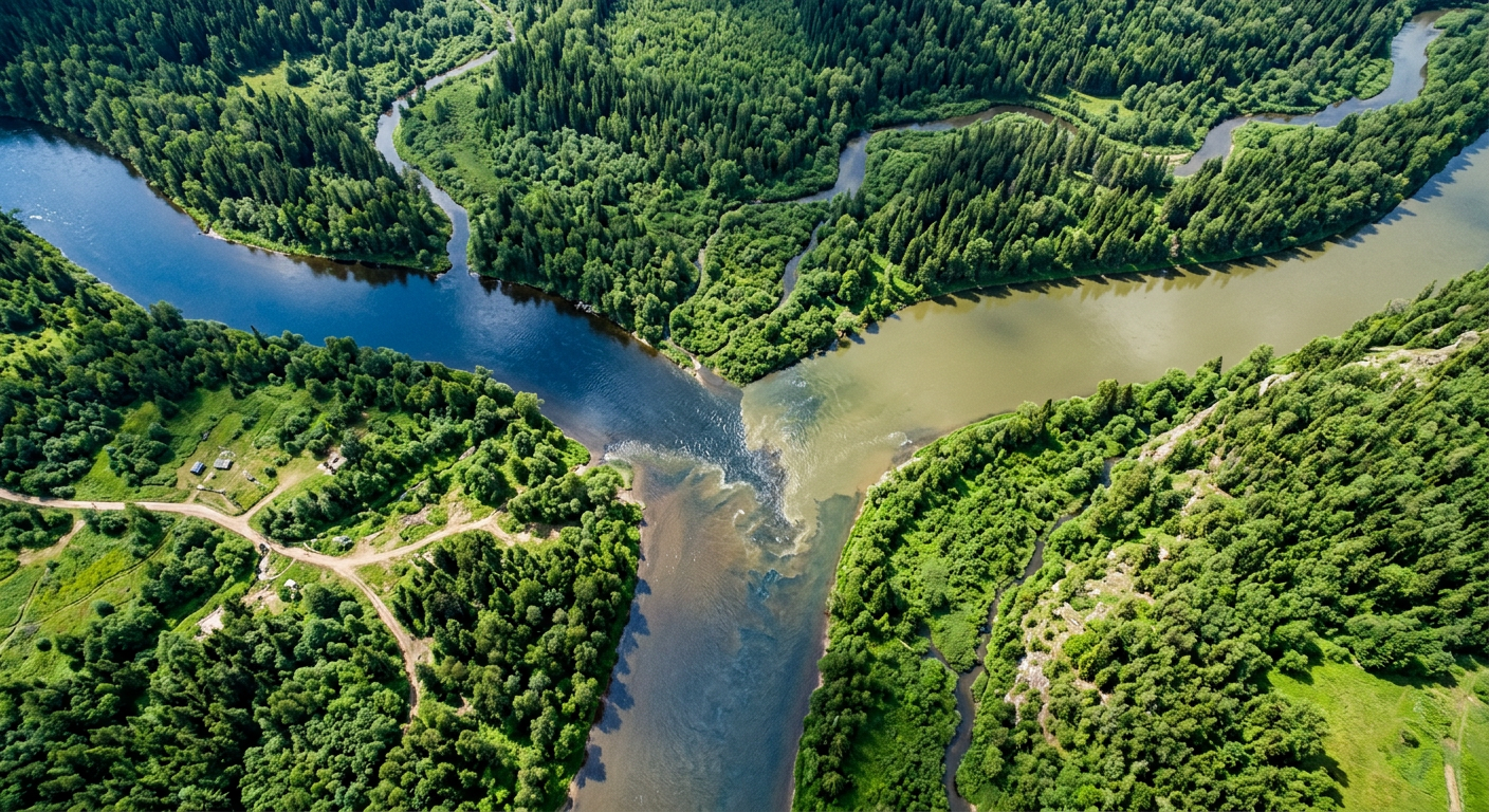 Aerial view of two rivers converging, symbolizing rapport and emotional storytelling in attraction