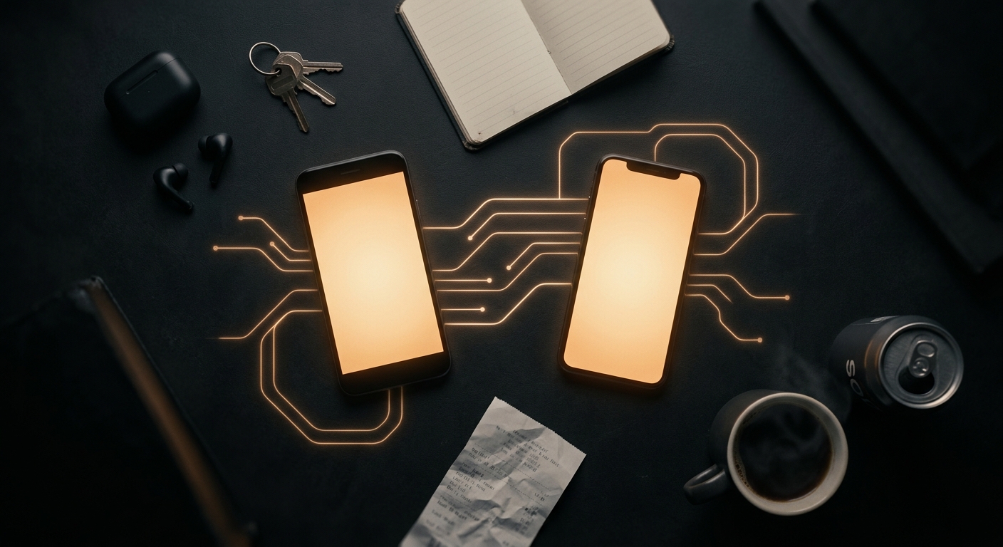 Overhead flat-lay of parent and teen phones glowing, symbolizing family communication patterns
