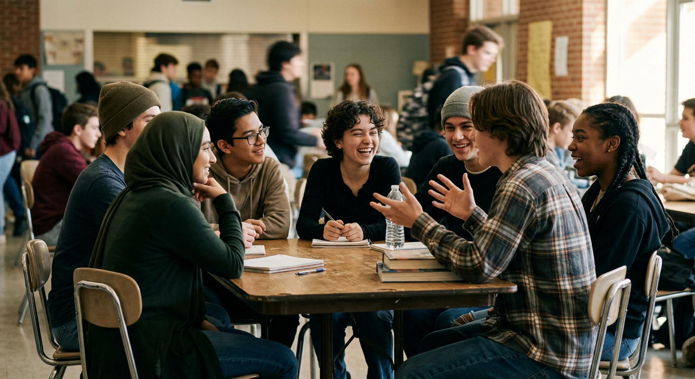 Teens laughing together at school, showing authentic friendship formation in school social dynamics