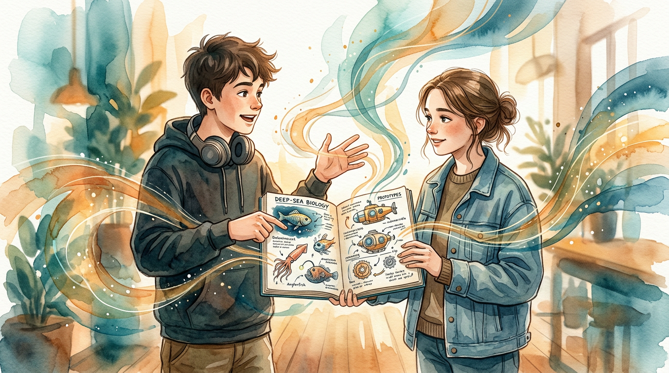 Two teens with autism spectrum disorder connecting through shared special interests in flowing watercolor art