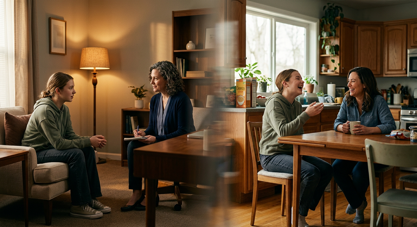 Teen in adolescent therapy session contrasted with casual family conversation, therapeutic alliance