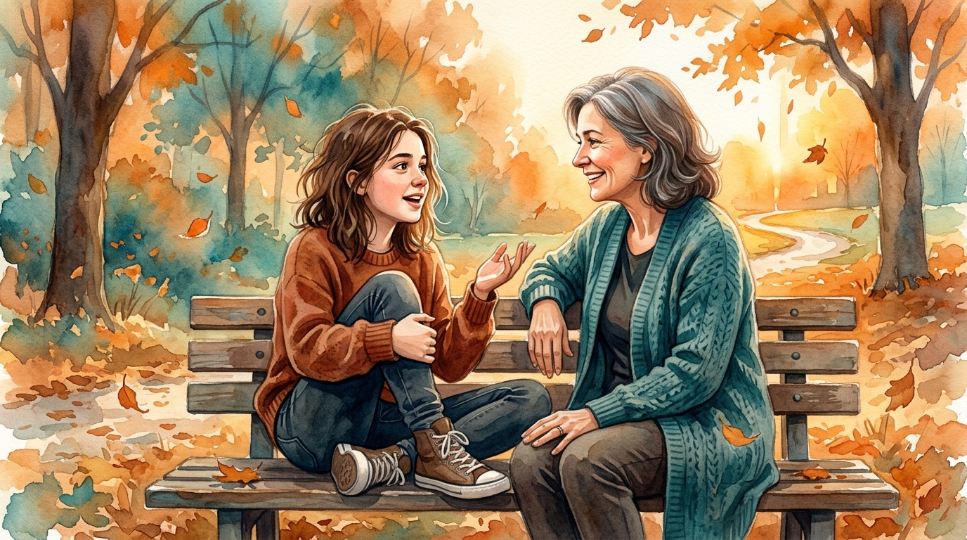 Teenager and adult in deep conversation outdoors — adolescent identity development moment