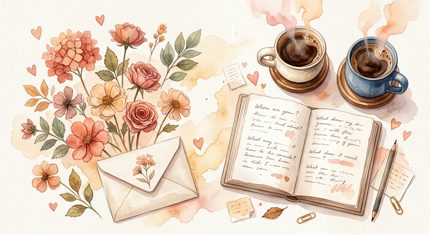 Overhead flat-lay of journal and coffee evoking emotional intimacy and vulnerability in marriage