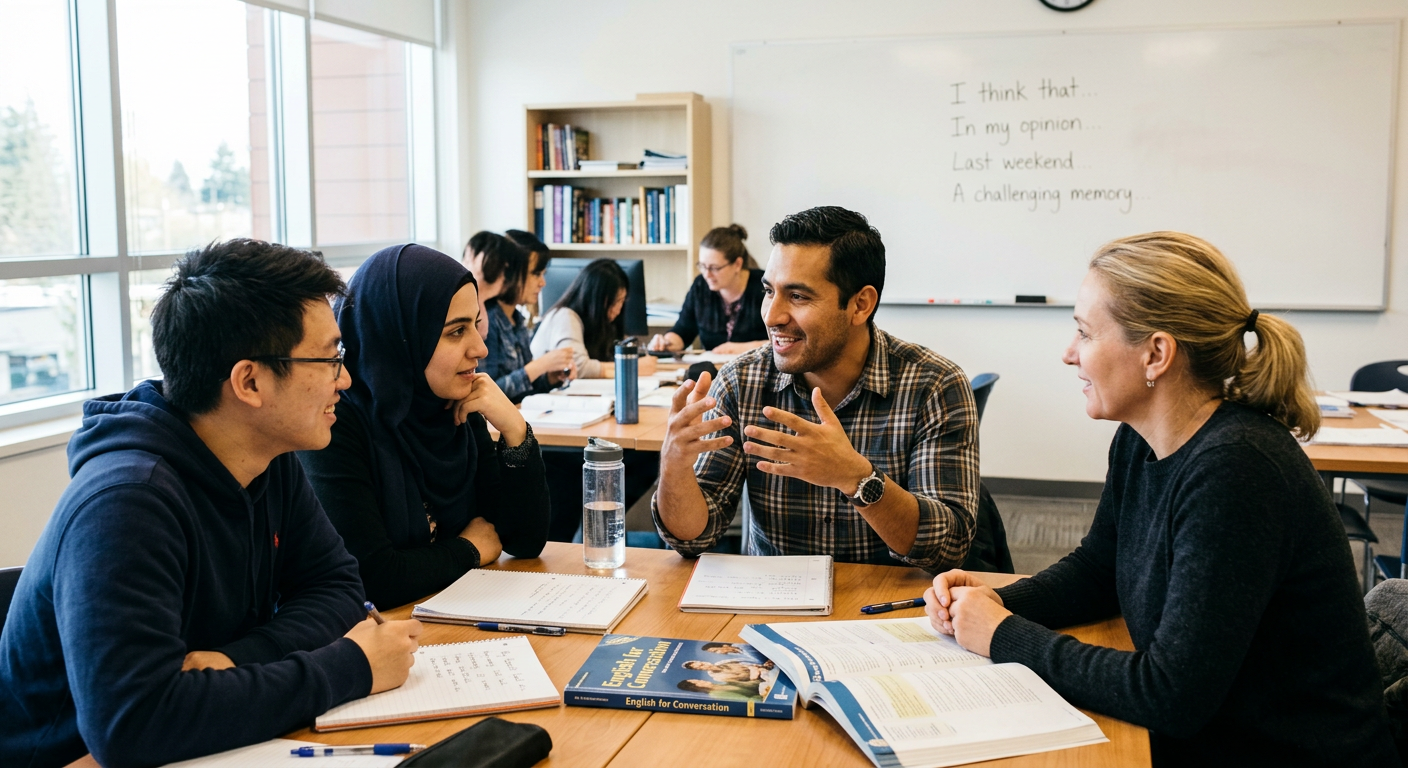Multicultural ESL classroom students using Think-Pair-Share method with sentence starters