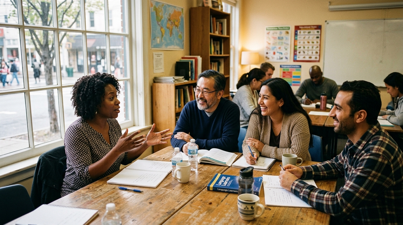 Intermediate English learners in ESL speaking practice conversation group at B1/B2 level