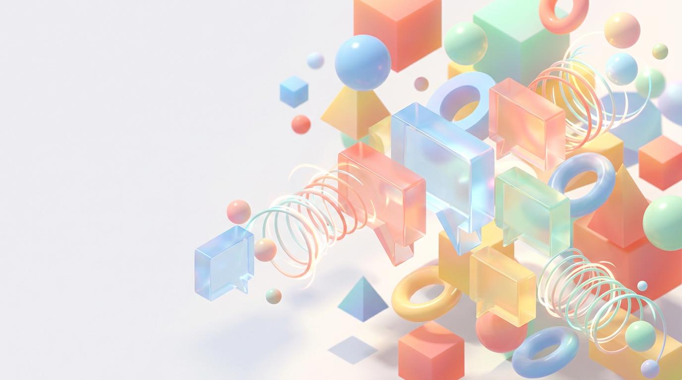 Abstract isometric 3D render showing ESL classroom activity energy with pastel geometric conversation shapes