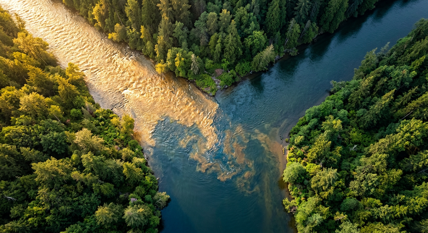 Aerial view of two rivers converging, symbolizing conversation sequencing and group bonding