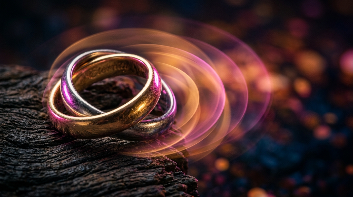 Two wedding rings glowing with warm light — couples therapy and playfulness in relationships