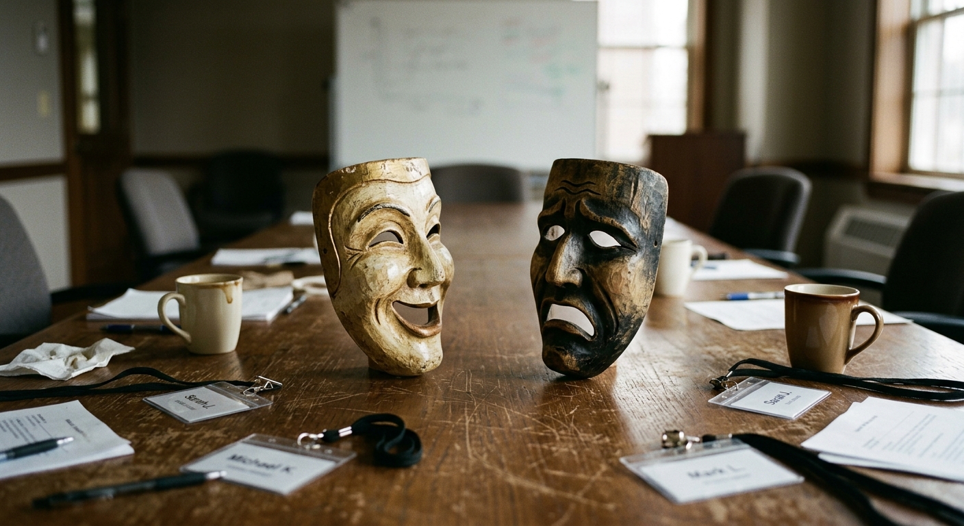 Comedy and tragedy masks on conference table symbolizing improv comedy principles in networking