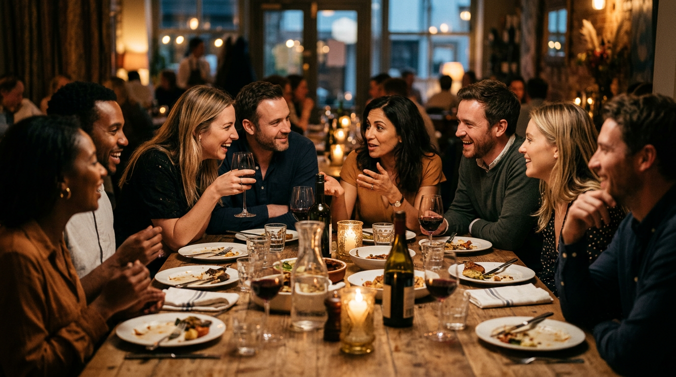Diverse mixed group sharing conversation around a dinner table, social inclusion