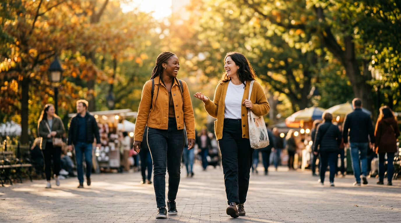 Two people walking and laughing together, illustrating social reciprocity and friendship formation