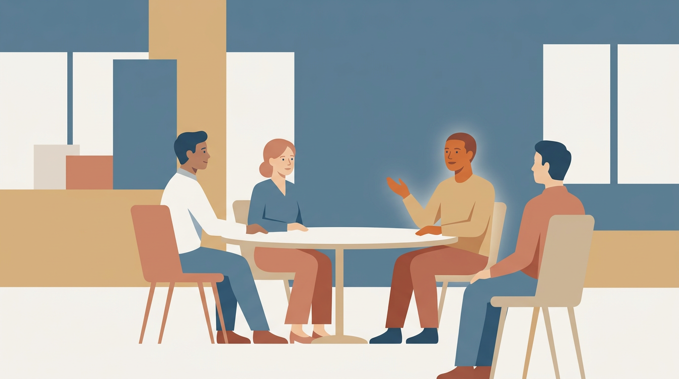 Flat illustration of a shy professional speaking up in a workplace meeting with colleagues