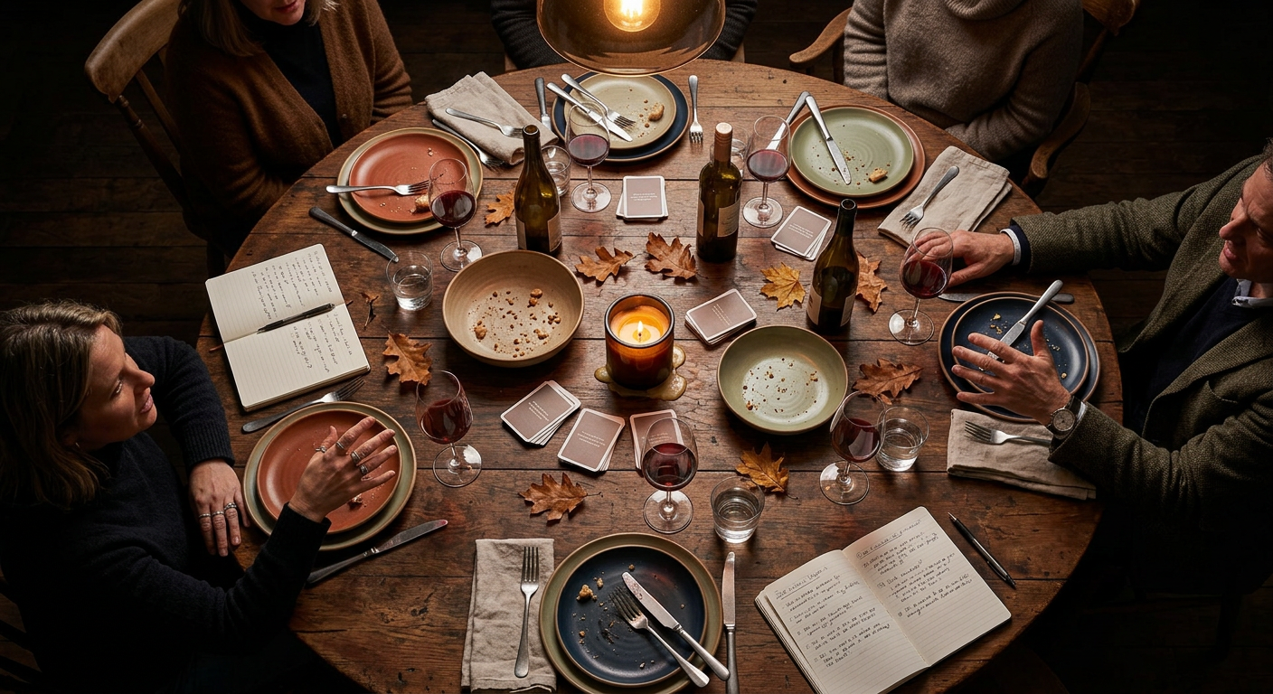 Overhead view of dinner table set for adult group conversation with candles and notes