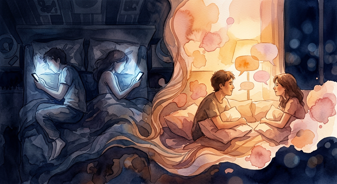 Couples doing pillow talk as part of a relationship ritual before sleep in warm bedroom light
