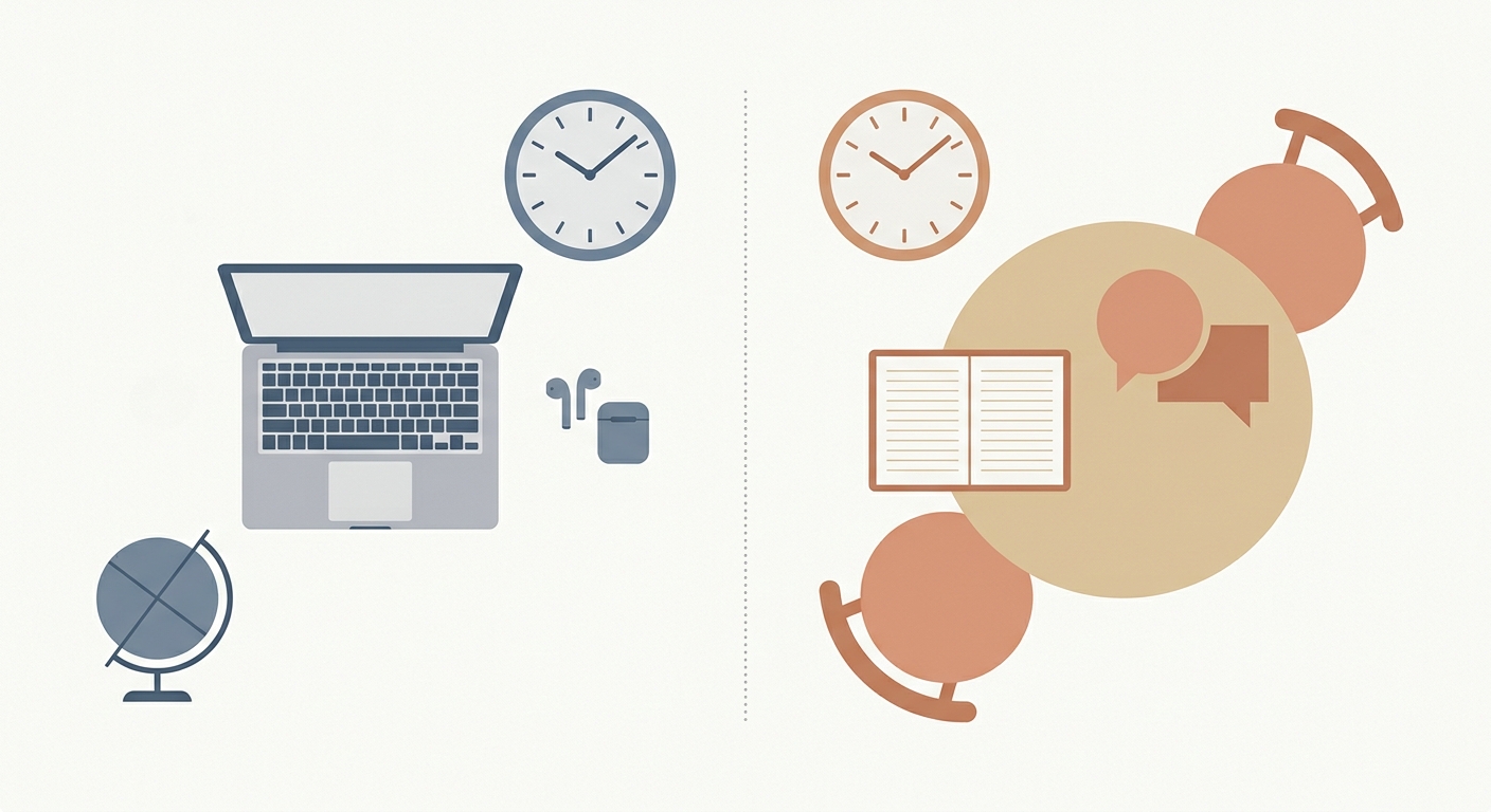 Overhead flat-lay comparing online and in-person ESL conversation practice tools