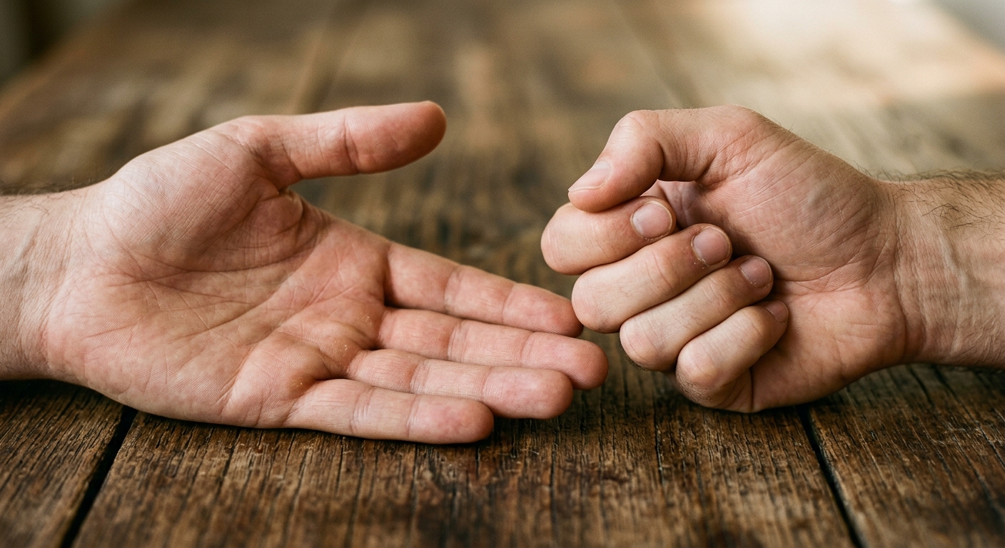Macro photo contrasting open palm and closed fist — defensive posture psychology