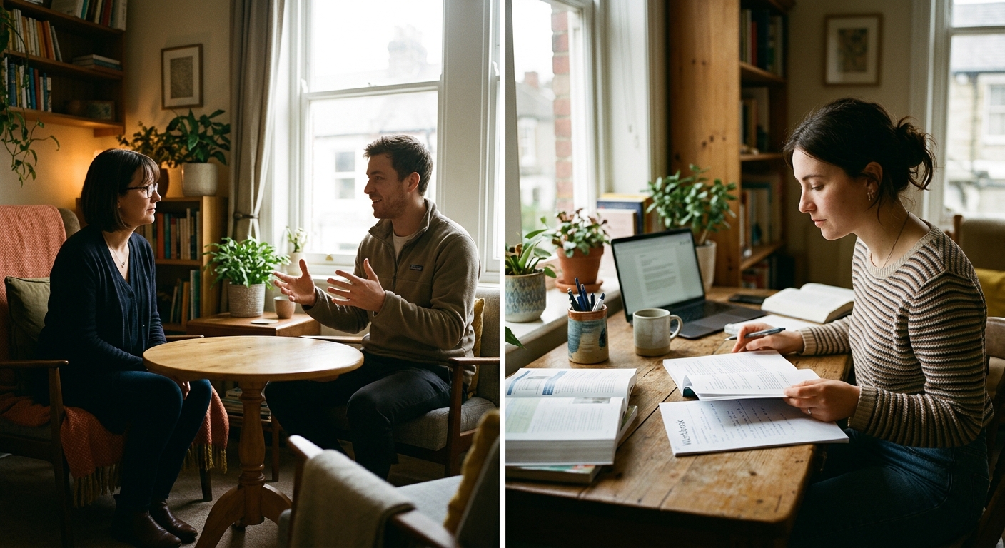 Person in cognitive behavioral therapy session with therapist in a calm office setting