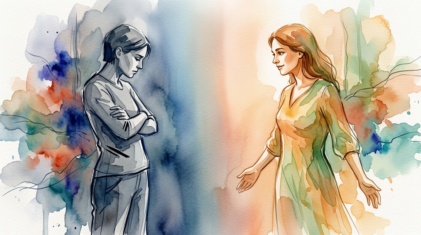 Watercolor illustration contrasting closed vs open body language for rapport building in conversation