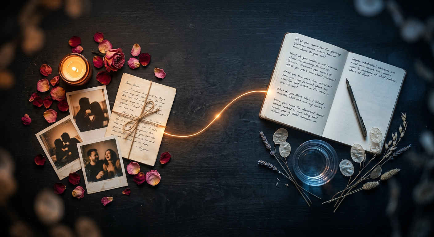Flat-lay showing romantic and emotional intimacy objects representing relationship stages and love languages