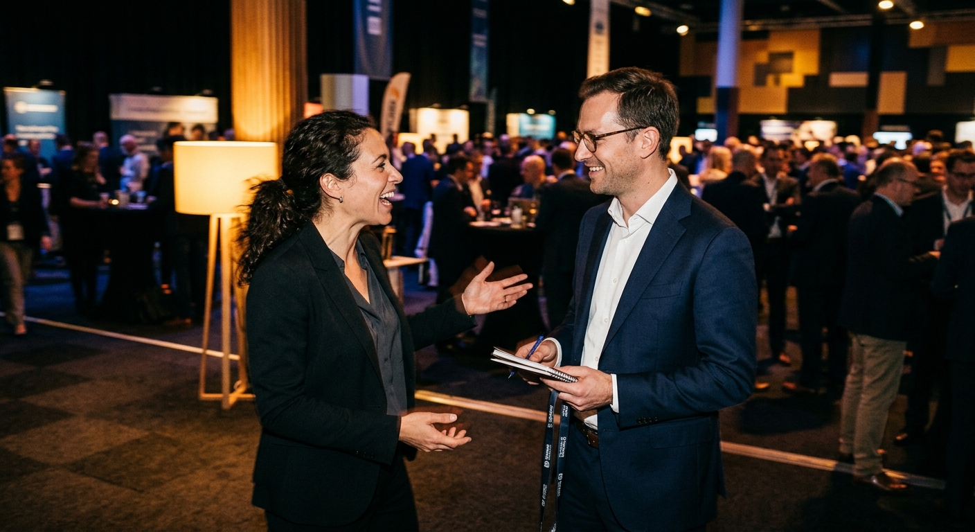 Two professionals in deep conversation at a networking event, illustrating rapport psychology