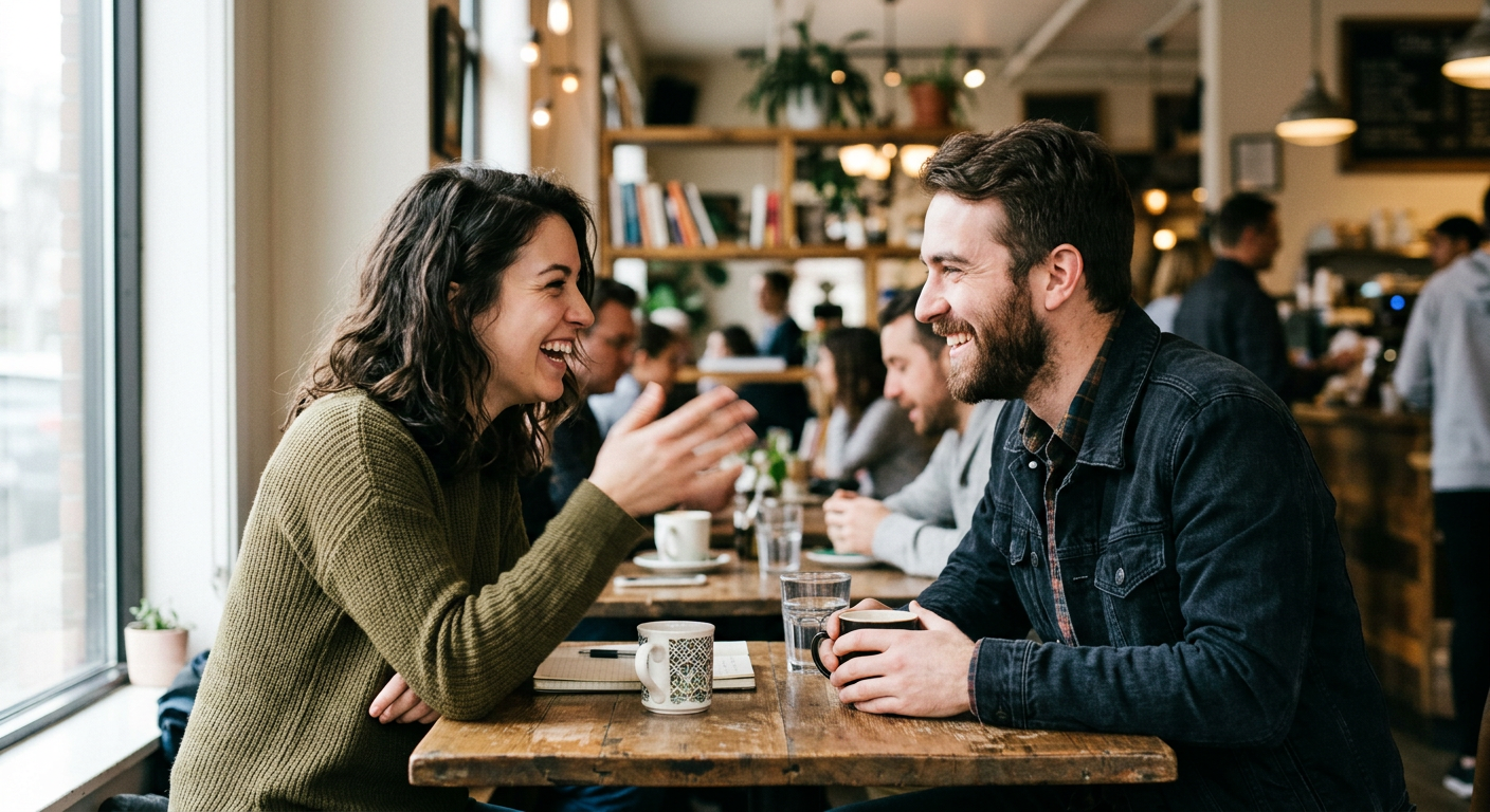 Two people in animated conversation showing congruence in communication with body language