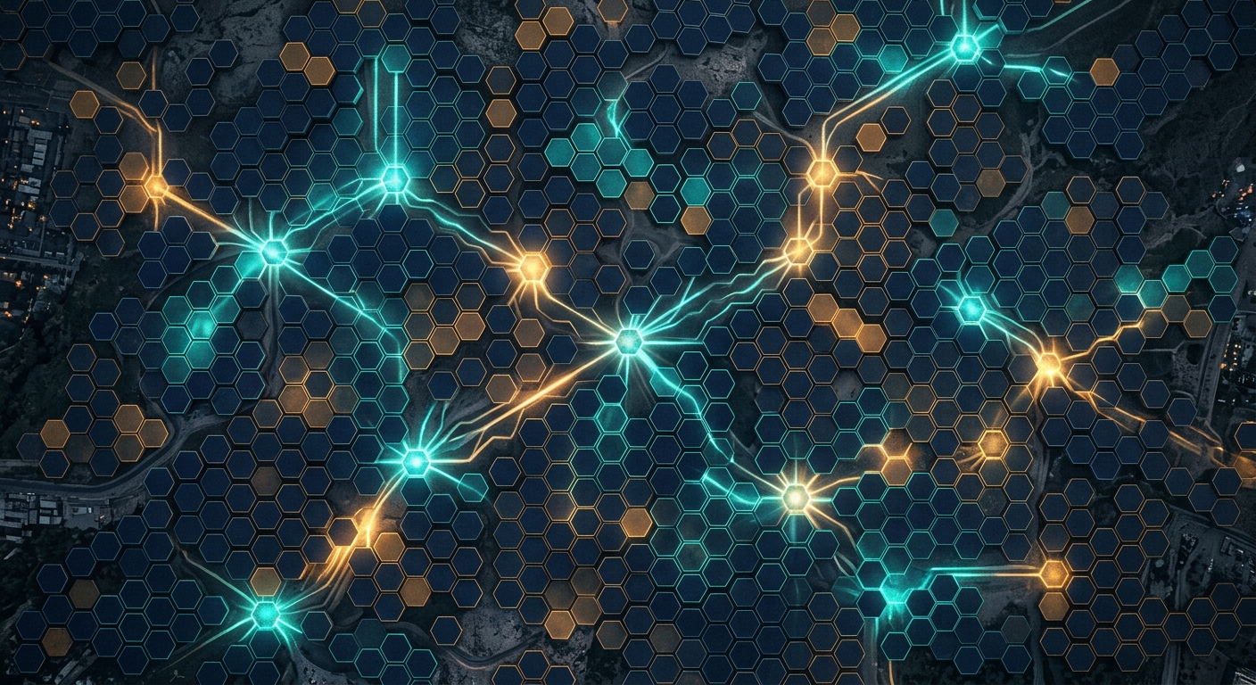 Aerial geometric network pattern representing virtual breakout rooms and LinkedIn Events connections