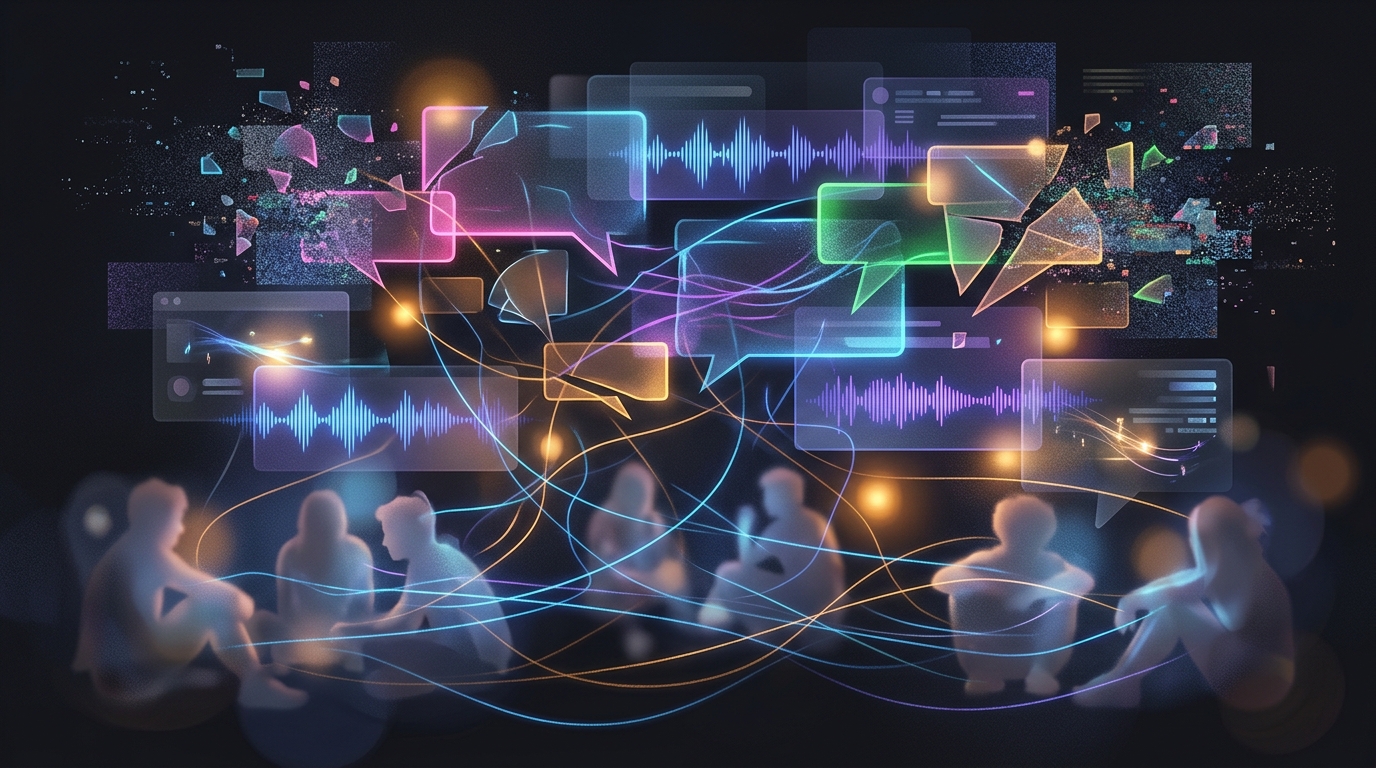 Abstract art showing teen social identity and Gen Z digital communication through neon-lit layers